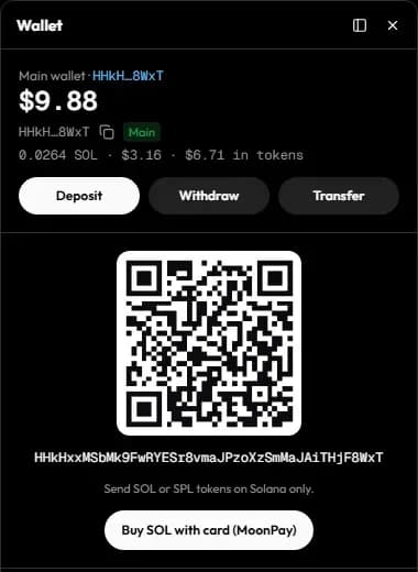 The Wallet panel showing the deposit address and QR code