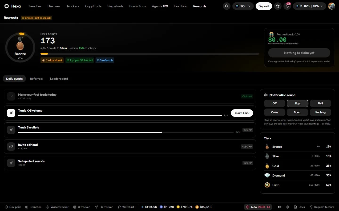 Rewards: points, tier, cashback and daily quests