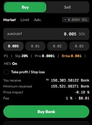 The trade panel: Buy and Sell, Market, Limit and Adv., amount and preset