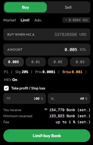 A limit buy by market cap with take-profit and stop-loss