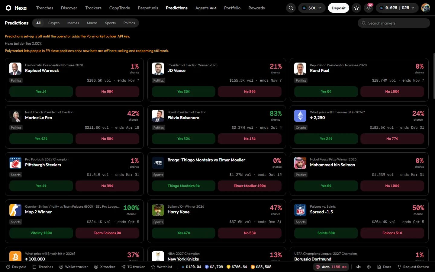 Prediction markets with live odds